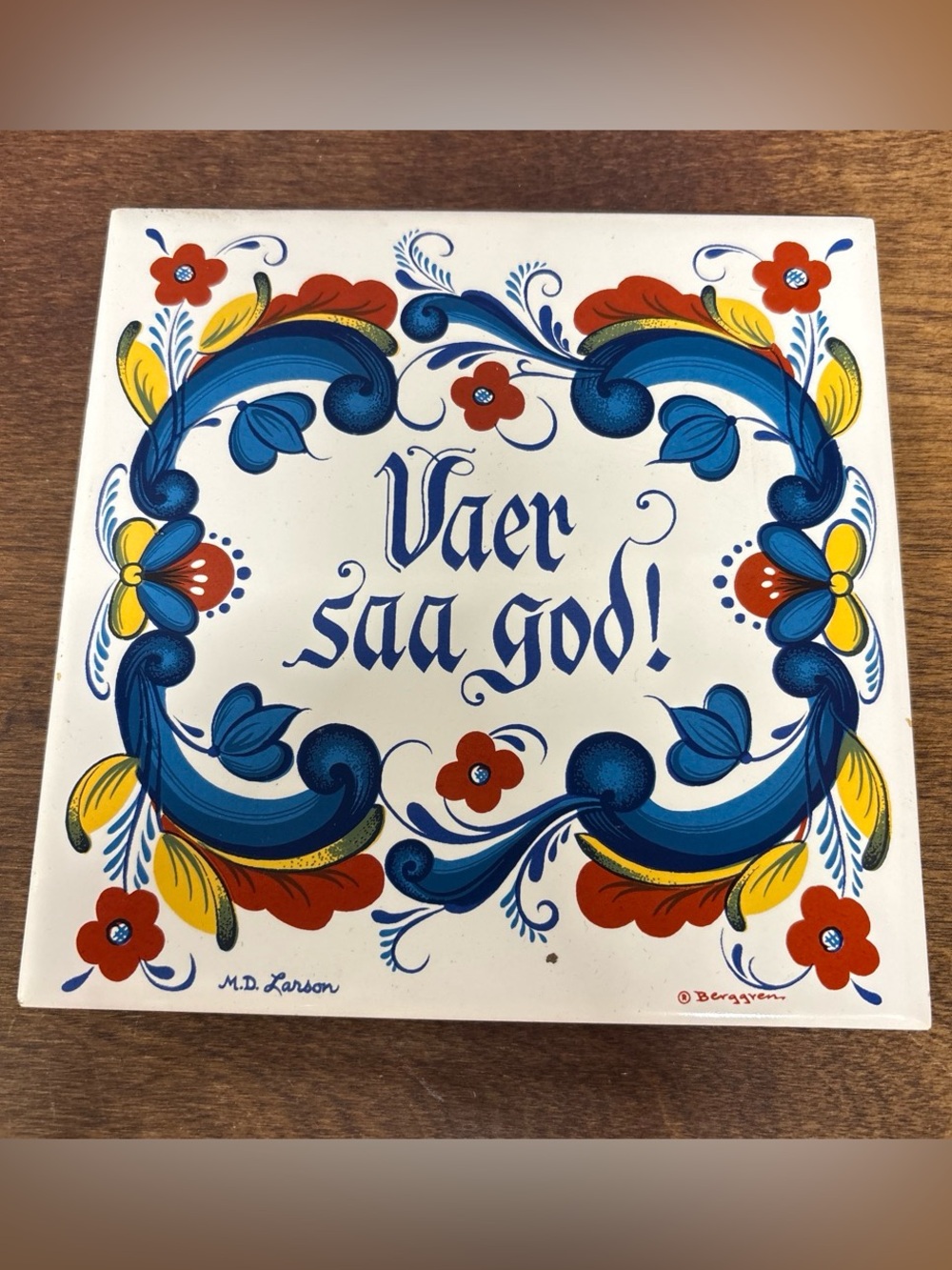Hand-Painted Scandinavian Tile Plaque - Blue, Red, Yellow Floral Design